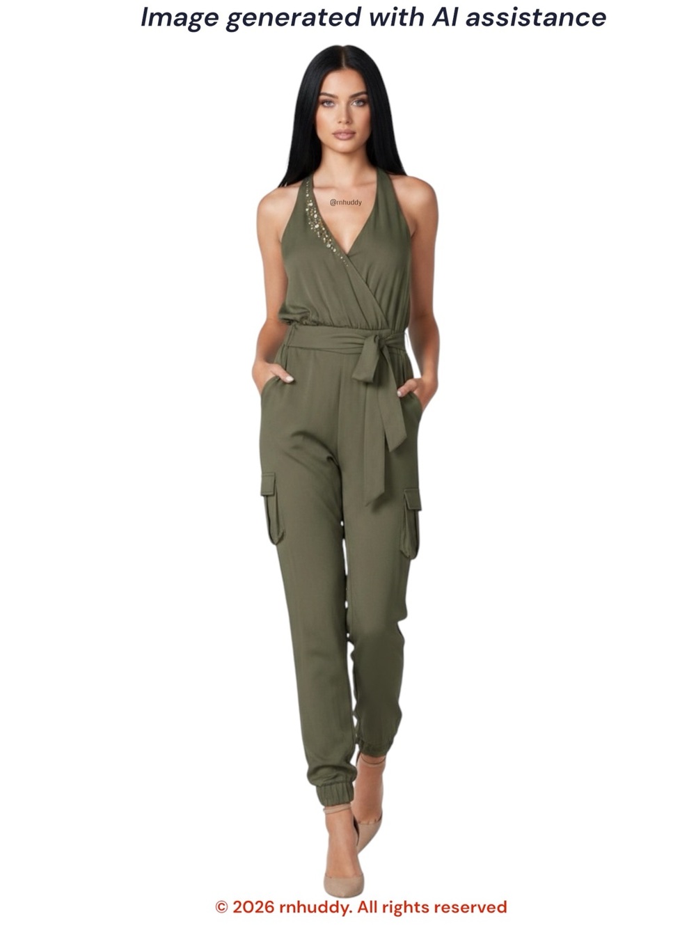 Venus M olive green embellished cargo halter jumpsuit